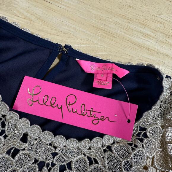 Lilly Pulitzer NWT Nala Soft Shift Dress True Navy Blue Size 4 Gold Floral Lace - Picture 5 of 12